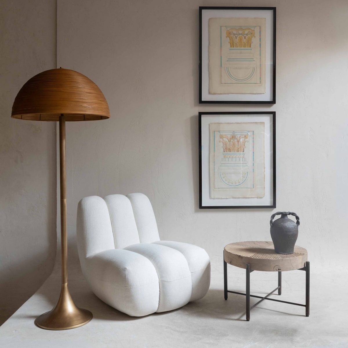 Lámpara de pie de latón envejecido y ratán - Imagen 6